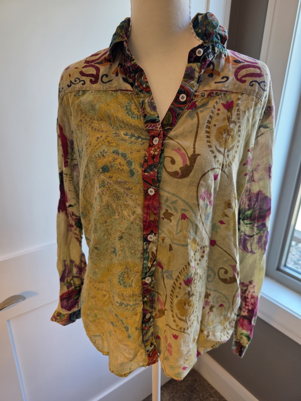 Vintage Gora 100% Cotton Patchwork Paisley Floral Button Front Shirt Size S Boho